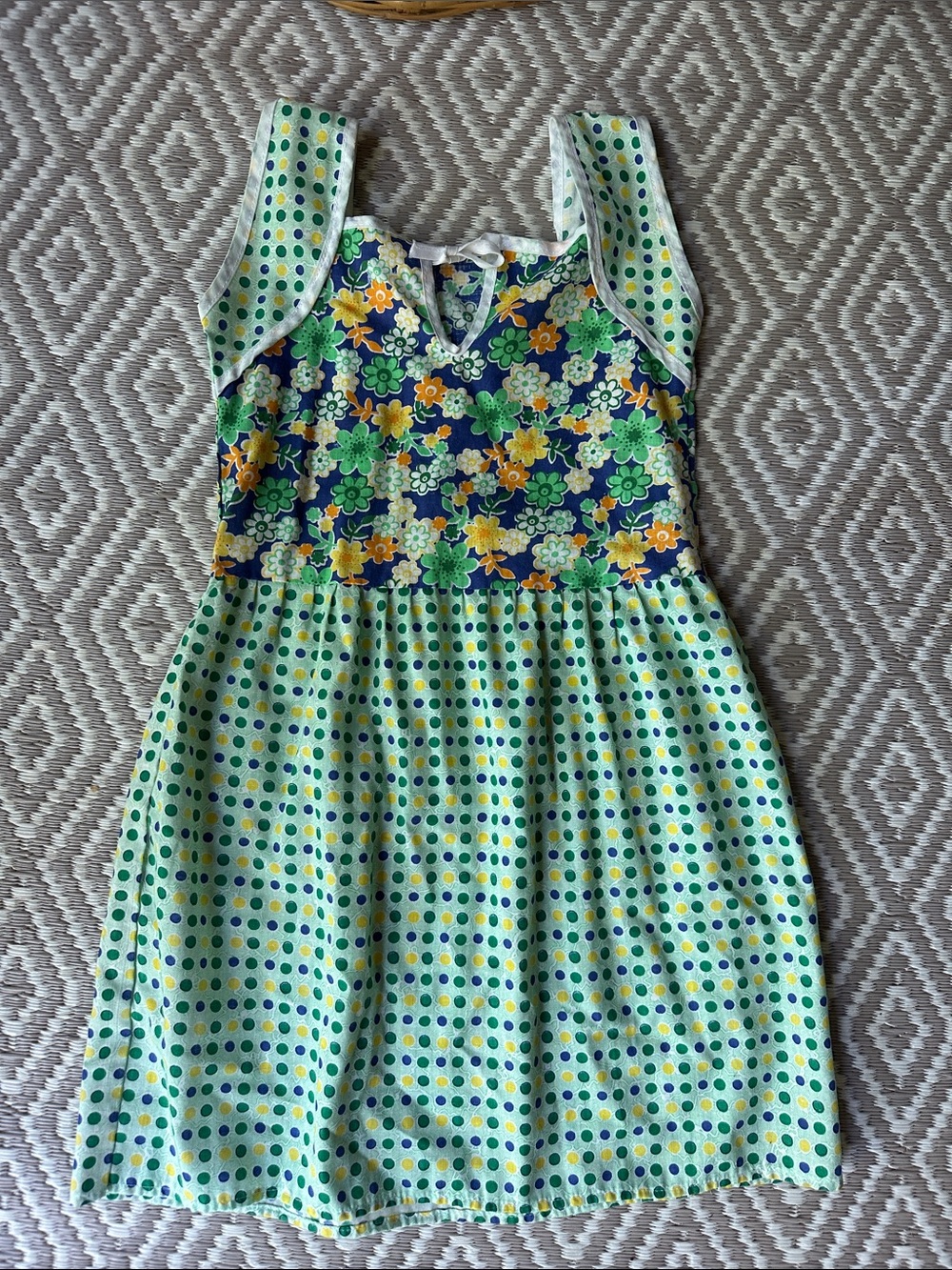 Girls Handmade Green Floral & Polka Dot Summer Dress